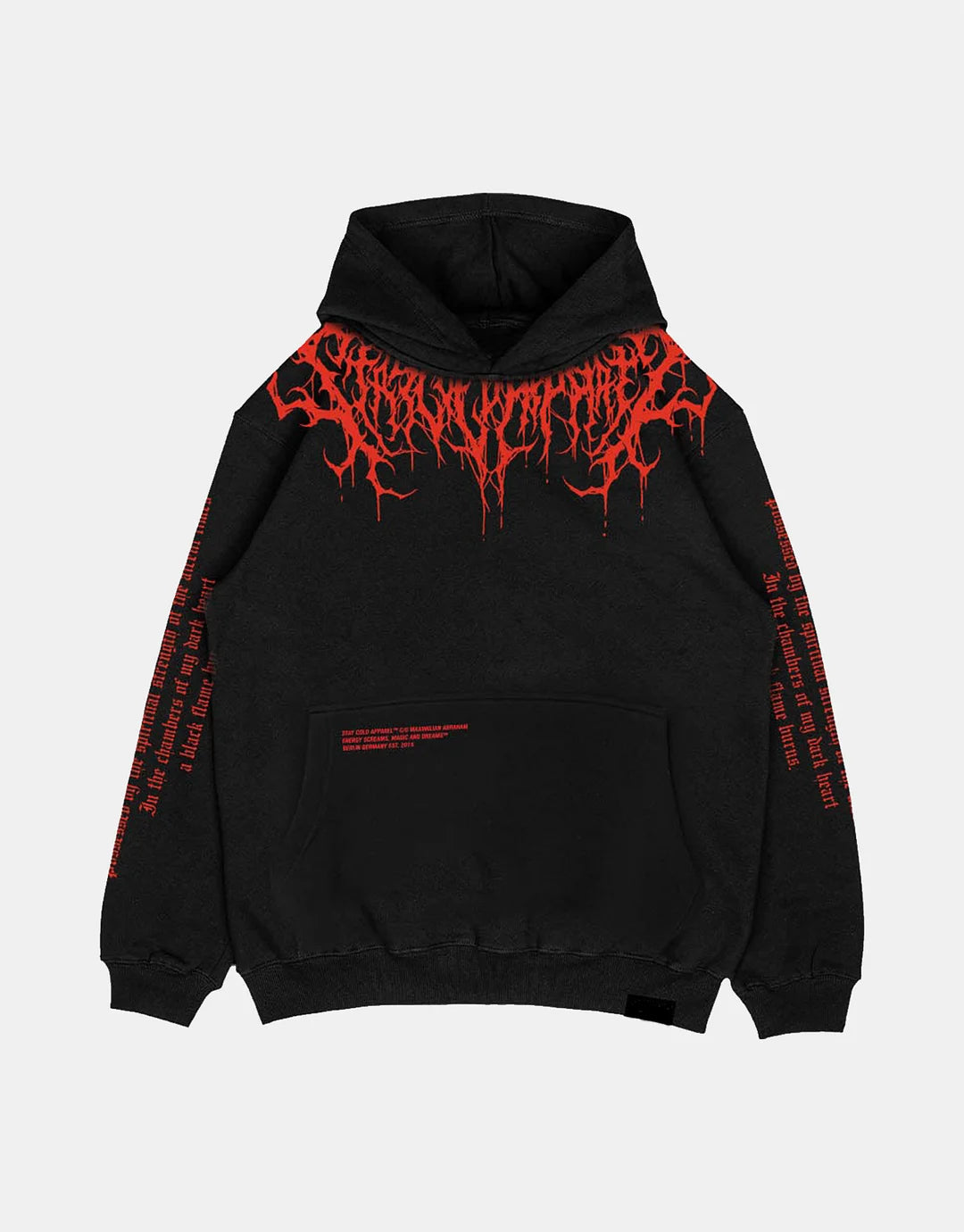 Black hoodie with red designs 