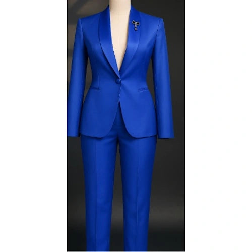 Royal blue tailored ladies suit with satin lapel and gold brooch