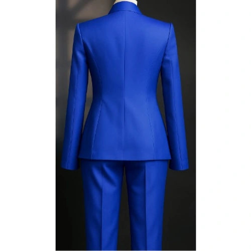 Full-length view of royal blue tailored suit for women