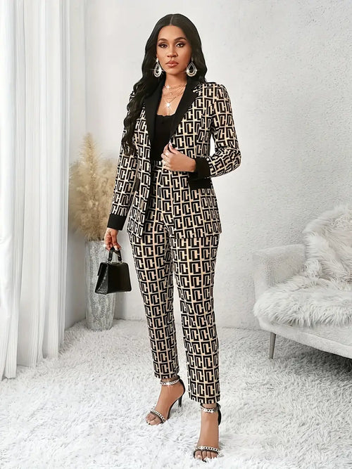 Woman wearing a patterned suit 